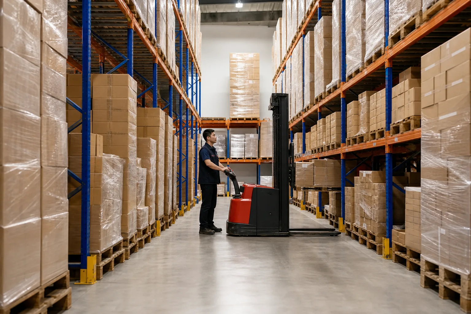 Illustrative scene: cartons of ambient food stored by location on warehouse racks