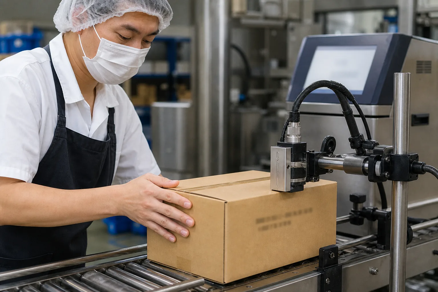Illustrative scene: an operator handles date and batch marking on food cartons