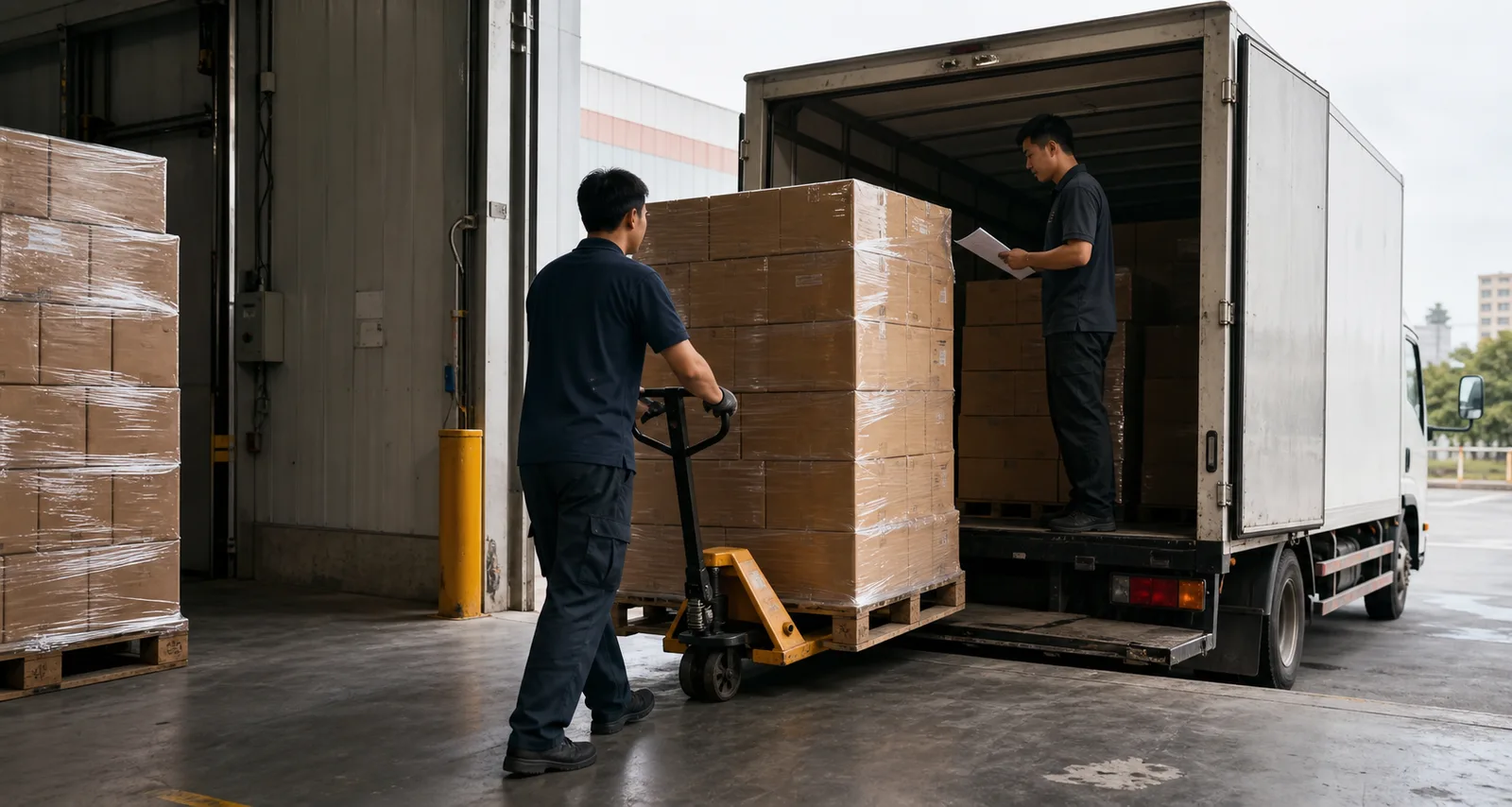Illustrative scene: cartoned products staged for delivery to retail channels