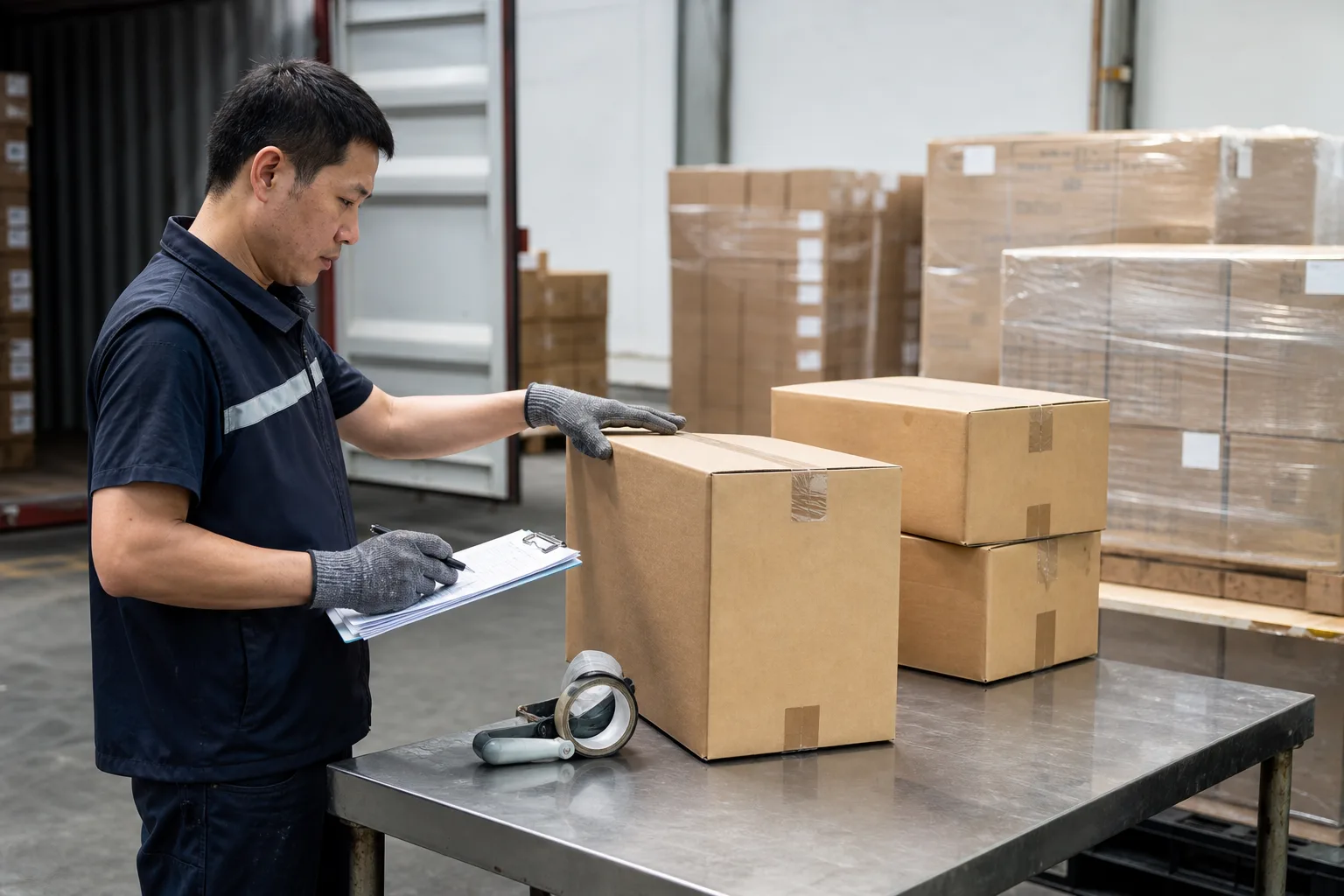 Illustrative scene: an operator checks ambient-food cartons and product condition