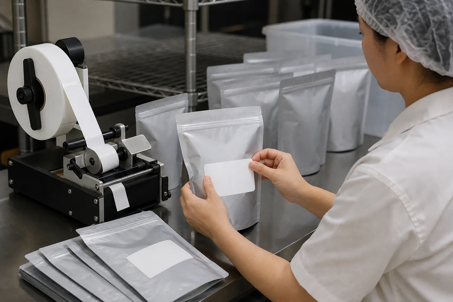 Illustrative scene: an operator applies a Chinese label to imported food packaging